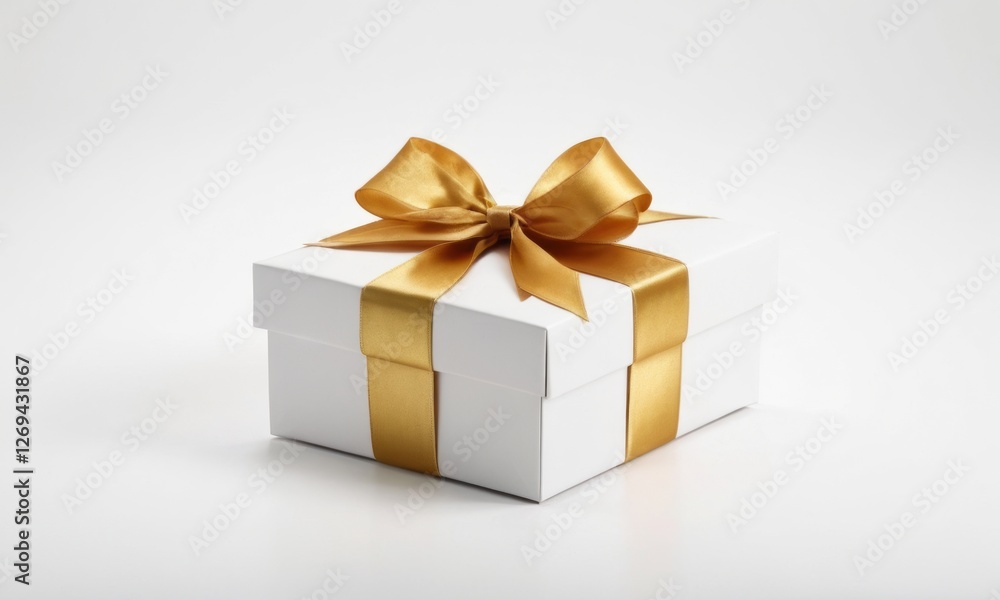 Fototapeta premium Elegant white gift box with a luxurious golden ribbon and bow, perfect for celebrations and special occasions.