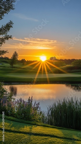 Serene sunset over a golf course pond with lush greenery and vibrant clouds
