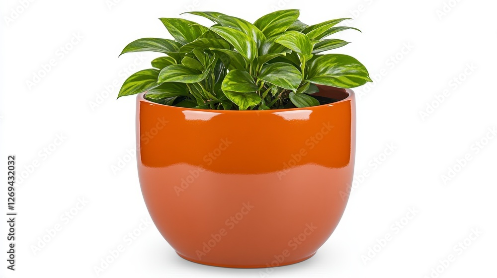 Obraz premium Vibrant green plant in a glossy burnt orange round pot, isolated on white background. The image features a simple composition and bright, clean