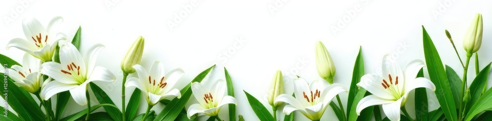 Obraz premium Delicate white lily stems amidst lush green foliage on a pristine white background, lilies, white background, botanical