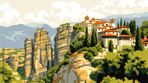 Stunning Vector Art of Meteora Monasteries: Majestic Cliffs and Historic Architecture Amidst Lush Greenery and Serene Sky in Greece's Natural Wonder