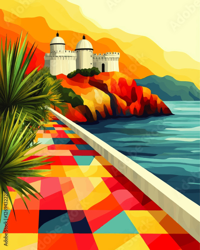 Colorful Vector Image of Coastal Castle with Vibrant Geometric Walkway and Tropical Foliage by the Sea under a Sunny Sky - Perfect for Creative and Travel Designs