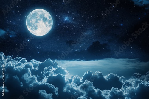 Stunning full moon shining brightly in a starry night sky over dark clouds