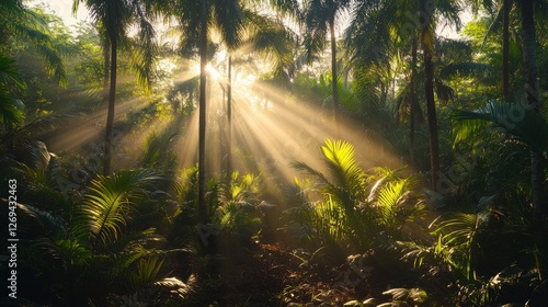 Sunlight filtering through lush tropical foliage in a dense rainforest during...