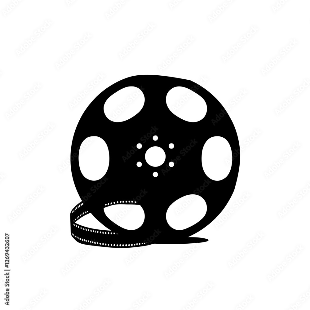 Fototapeta premium Minimalist black silhouette of a film reel with winding film strip on white background