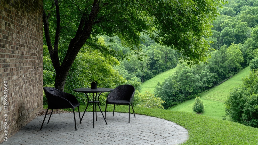 Outdoor patio set with a view of rolling hills Outdoor patio set with a view of rolling hills