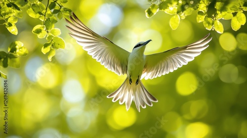 Majestic bird soaring gracefully through a sunlit forest on a clear afternoon