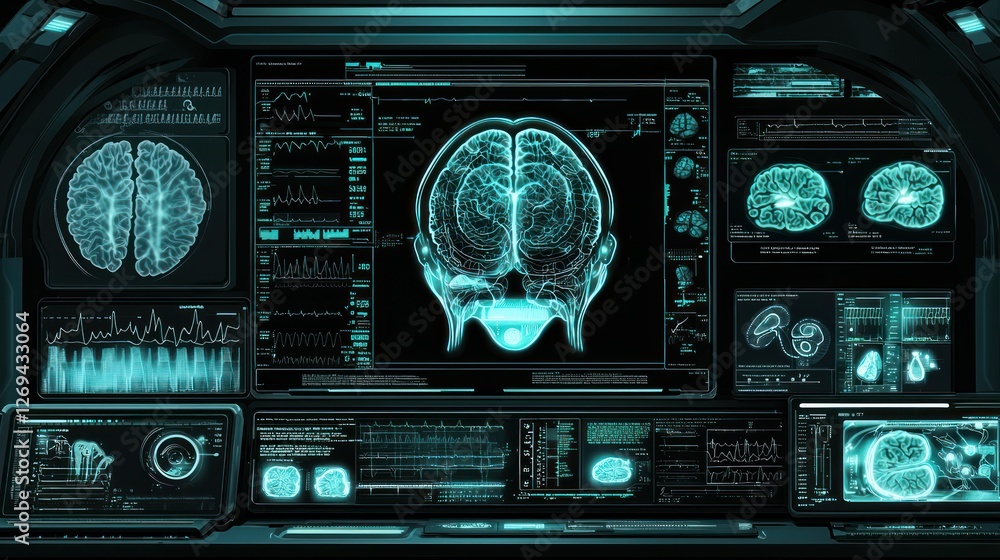 Futuristic Medical Display of Human Brain and Neural Activity Insights Futuristic Medical Display of Human Brain and Neural Activity Insights