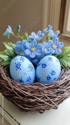 Colorful blue eggs in a woven nest surrounded by vibrant spring flowers