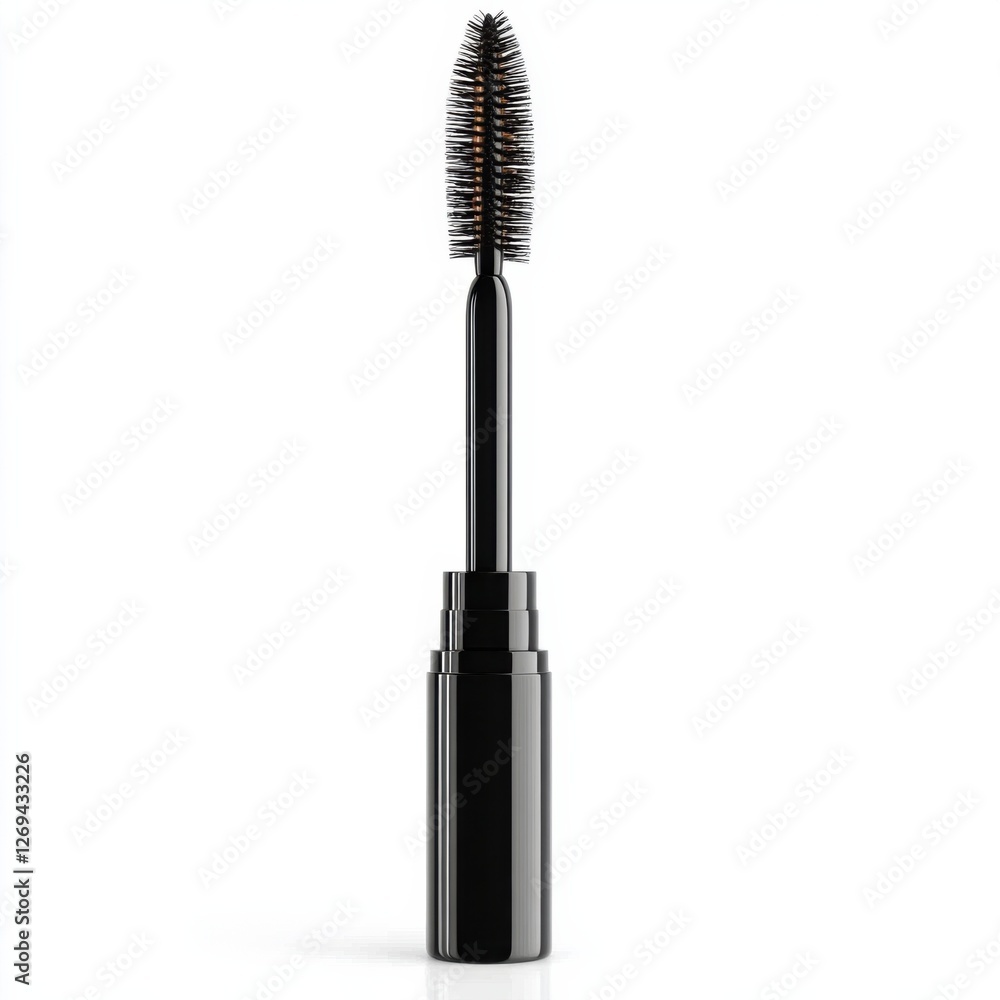 A sleek black mascara tube with a unique bristle brush, set against a white background, showcasing beauty and makeup artistry.