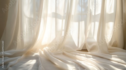 Soft white curtains gently swaying in sunlight create a serene atmosphere in ...