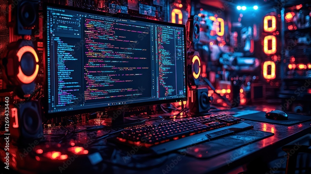 Obraz premium Coder's night coding, room, neon, desktop, work