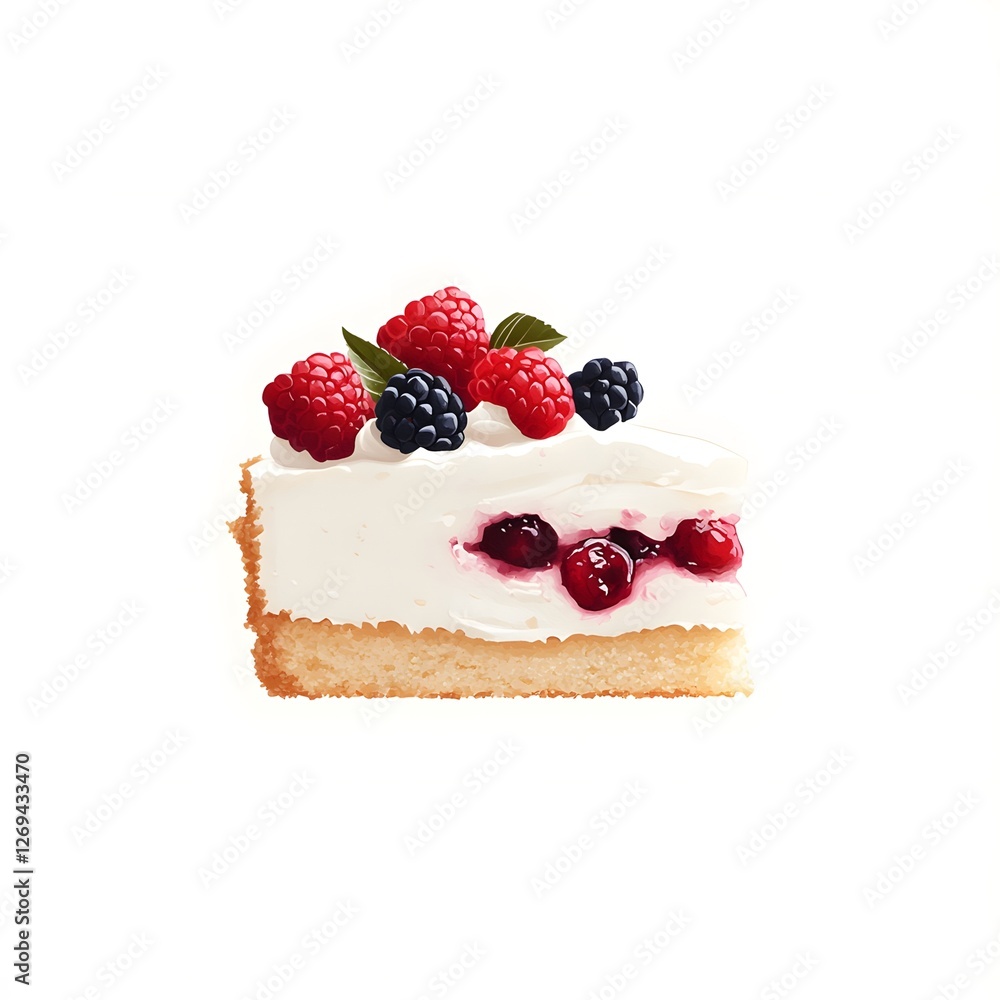 Delicious slice of layered cake topped with fresh raspberries and blackberries against a clean background Delicious slice of layered cake topped with fresh raspberries and blackberries against a clean background