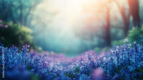 Vibrant blue flowers blooming in a sunlit forest clearing during early spring...
