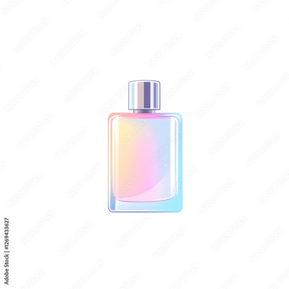 Colorful glass perfume bottle with iridescent finish displayed against a plain backdrop Colorful glass perfume bottle with iridescent finish displayed against a plain backdrop