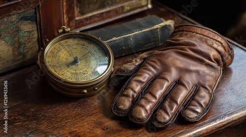 Vintage camera and leather glove resting on a wooden surface in a well-lit se...