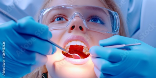 A young patient receives dental treatment, lying back in a chair with dental tools and bright lights in a clinical environment.