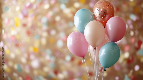 Colorful balloons with confetti against a soft blue background for a festive ...