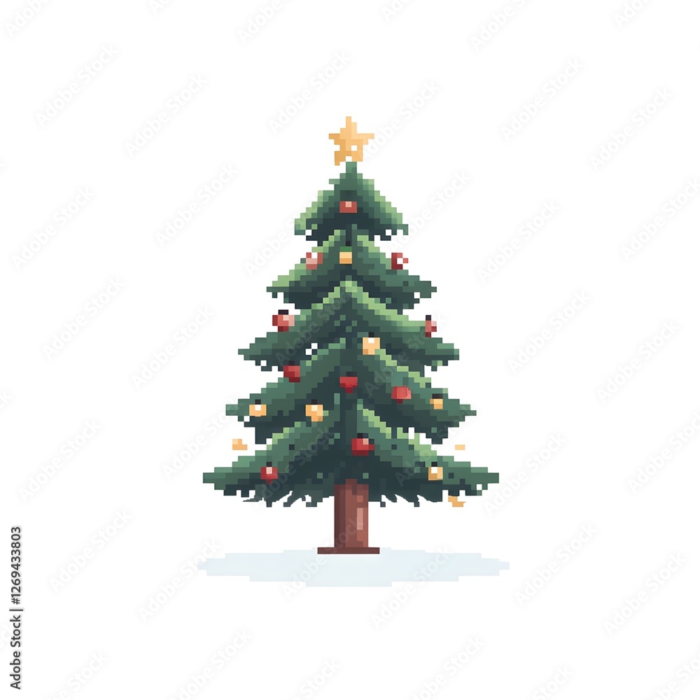 Christmas tree decorated with ornaments and lights in a pixel art style during the holiday season Christmas tree decorated with ornaments and lights in a pixel art style during the holiday season