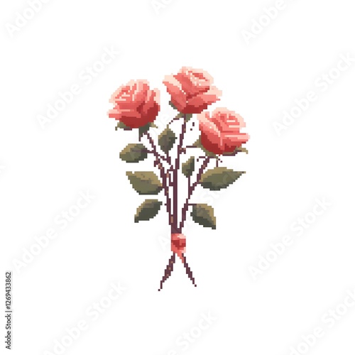 Three pixelated roses in a bouquet with green leaves on a simple background