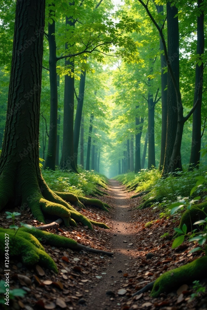 Obraz premium Forest path with tree roots and fallen branches, forest floor, terrain, wood