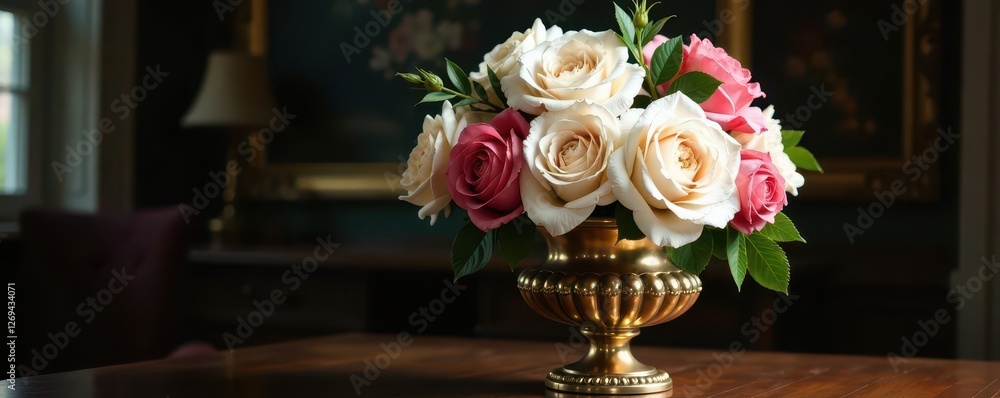 Fototapeta premium White roses and soft pink hues blend in an ornate, gilded vase amidst dim lighting, vintage, ornate