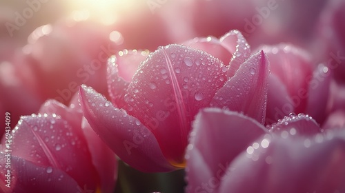 Vibrant pink tulips adorned with dew drops glisten under soft sunlight in a b...