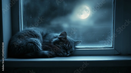 Cat peacefully sleeping by a window under a glowing moonlit night