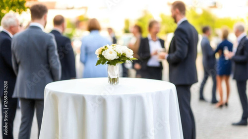 Elegant outdoor event with floral centerpiece on table surrounded by guests