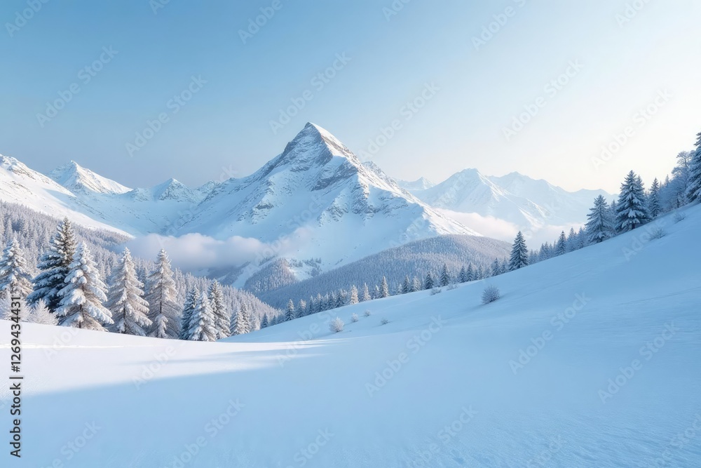 Fresh fallen snow piled high in a serene winter landscape, frosty scene, snowy mountain Fresh fallen snow piled high in a serene winter landscape, frosty scene, snowy mountain