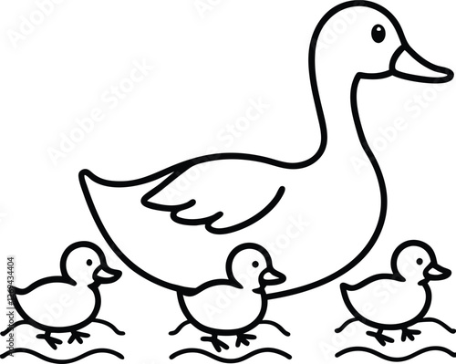 Mother Duck and Three Ducklings Line Drawing Illustration