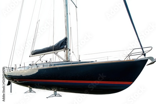 A sleek, black sailboat with a red stripe, lifted out of water on a stand, showcasing its elegant design against a bright white background.