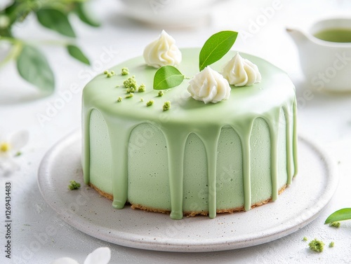 A beautiful, light green cake adorned with whipped cream peaks and fresh leaves, presented on a clean white plate with a soft background.