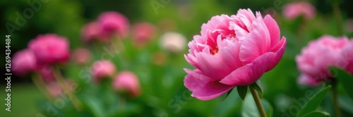 Freshly bloomed peonies in a lush green garden, colors, lush, flowers