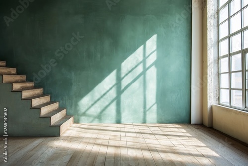 Natural sunlight streams through windows in a green room with wooden floors a...