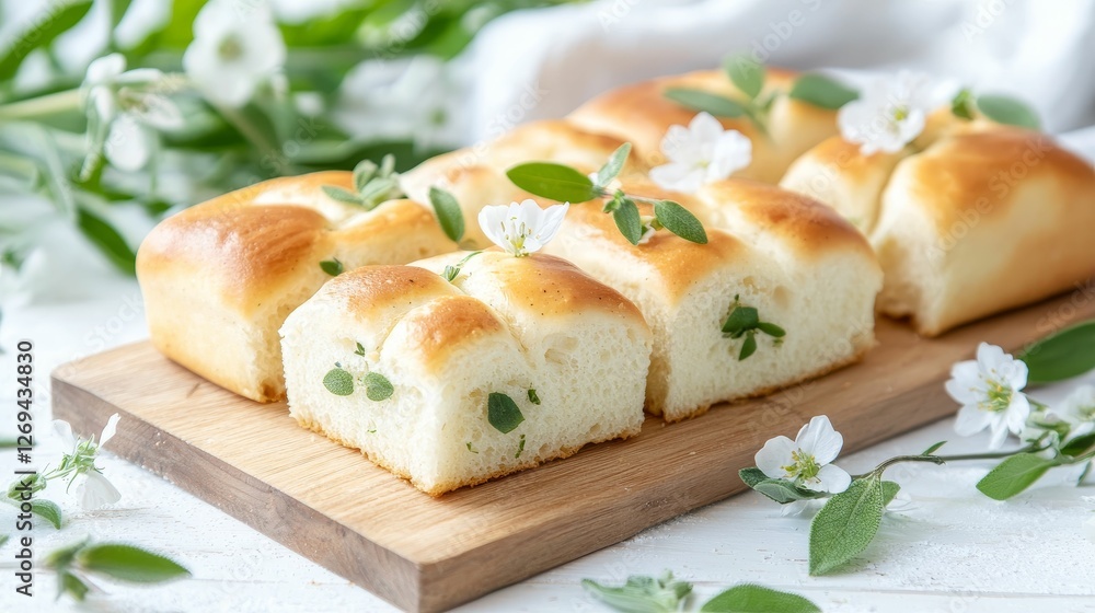 Freshly baked herbal bread squares garnished with green leaves and flowers, presented on a wooden board with a soft background. Freshly baked herbal bread squares garnished with green leaves and flowers, presented on a wooden board with a soft background.