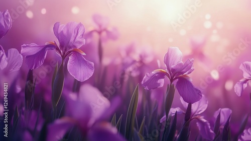 Vibrant purple flowers in a colorful garden landscape at sunset