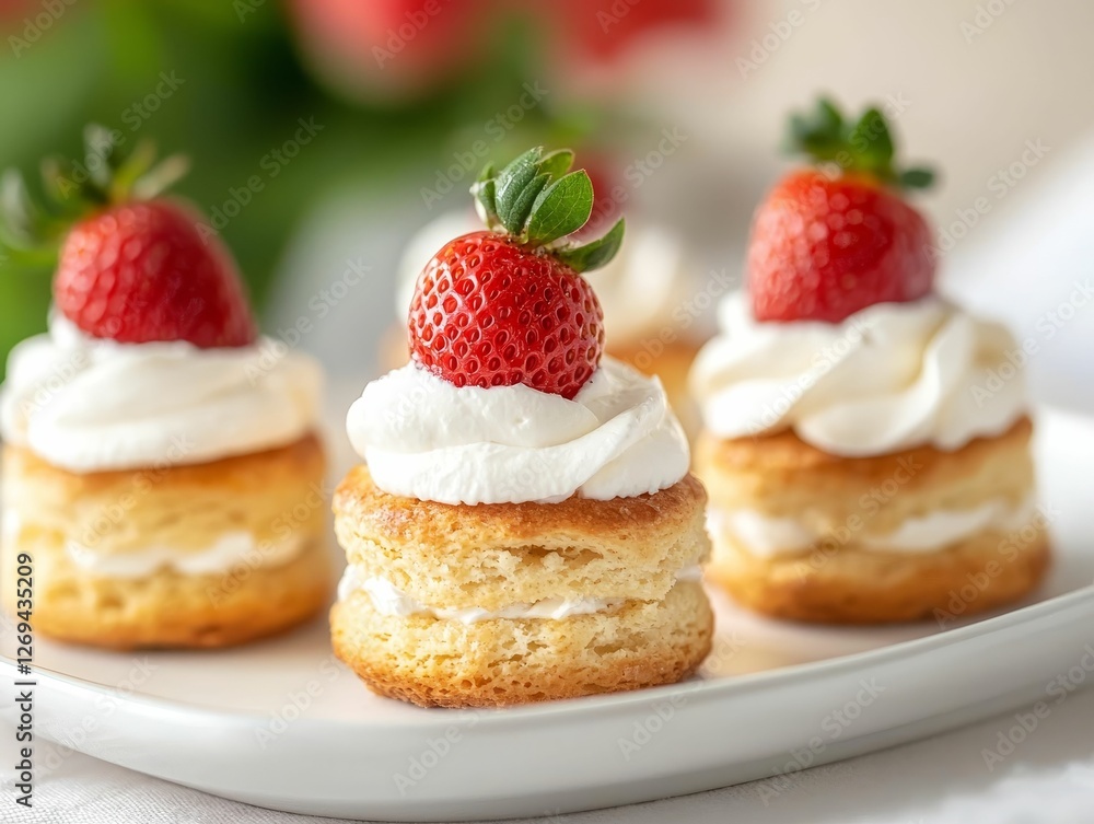 A plate of delightful mini cakes topped with fresh strawberries and whipped cream, perfect for a sweet treat or dessert. A plate of delightful mini cakes topped with fresh strawberries and whipped cream, perfect for a sweet treat or dessert.