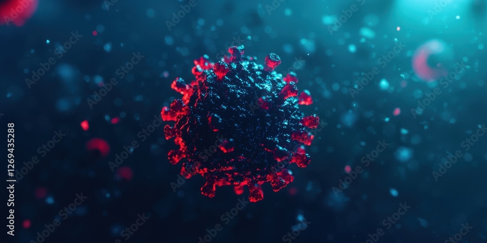 A digital rendering of a virus, featuring a spherical shape with red spikes against a blurred blue background, representing microscopic biology. A digital rendering of a virus, featuring a spherical shape with red spikes against a blurred blue background, representing microscopic biology.