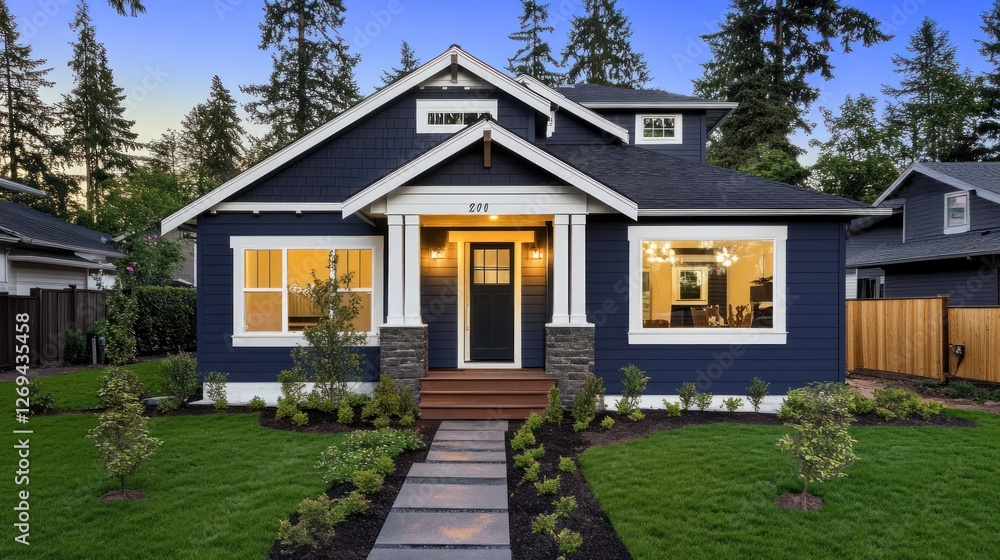 Naklejka premium Modern Home Exterior at Dusk, Curb Appeal, Residential