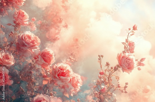 Soft pink flowers amidst fluffy clouds create a dreamy atmosphere in a serene...