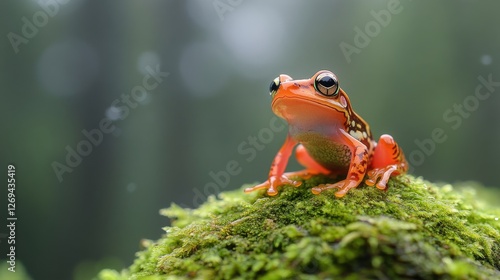 Bright orange frog perched on moss in a serene forest setting during twilight