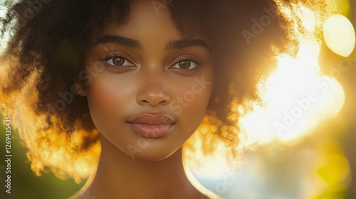 Beauty of a woman with curly hair enjoying the warm sunlight in an outdoor se...
