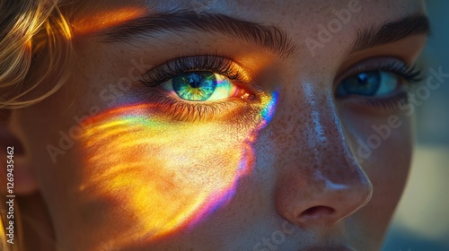 A person with rainbow reflection on their face, artistic close-up