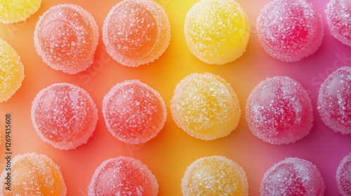 Colorful gummy candies arranged in vibrant rows on a bright background