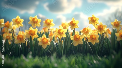 Bright and vibrant daffodils blooming in a lush green field on a sunny spring...