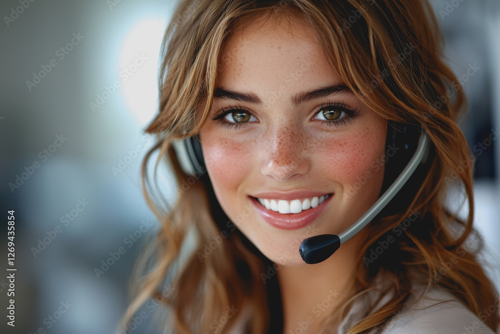 Woman with headset smiling at the camera in a professional office environment Woman with headset smiling at the camera in a professional office environment