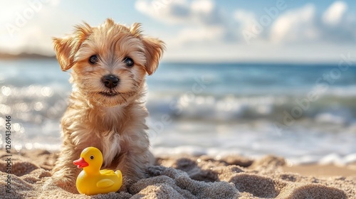 Puppy playing with a yellow rubber duck on the beach during a sunny day by th...