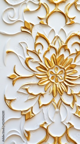 Intricate gold floral design on white wall panel showcasing craftsmanship and...