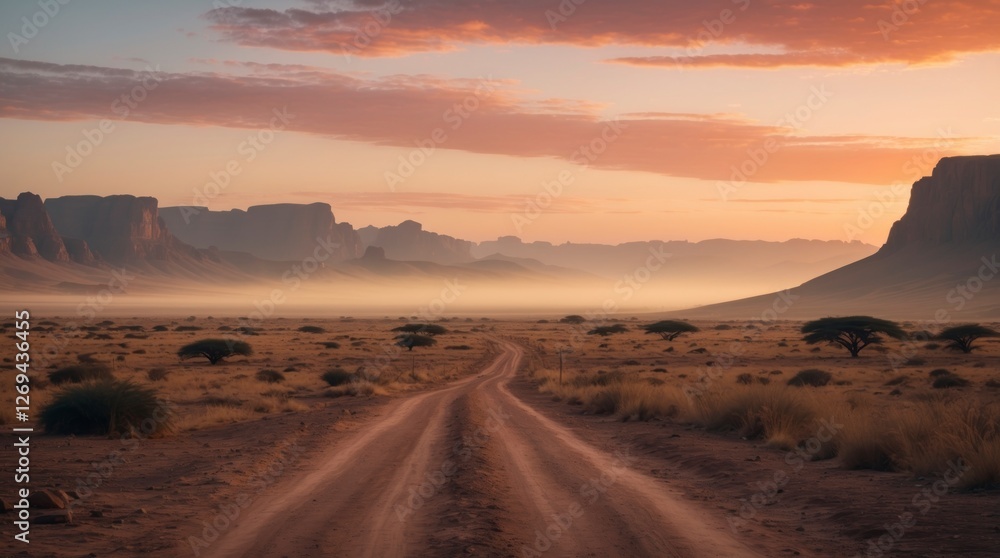 Desert Road at Sunrise Scenic Landscape Photo Desert Road at Sunrise Scenic Landscape Photo